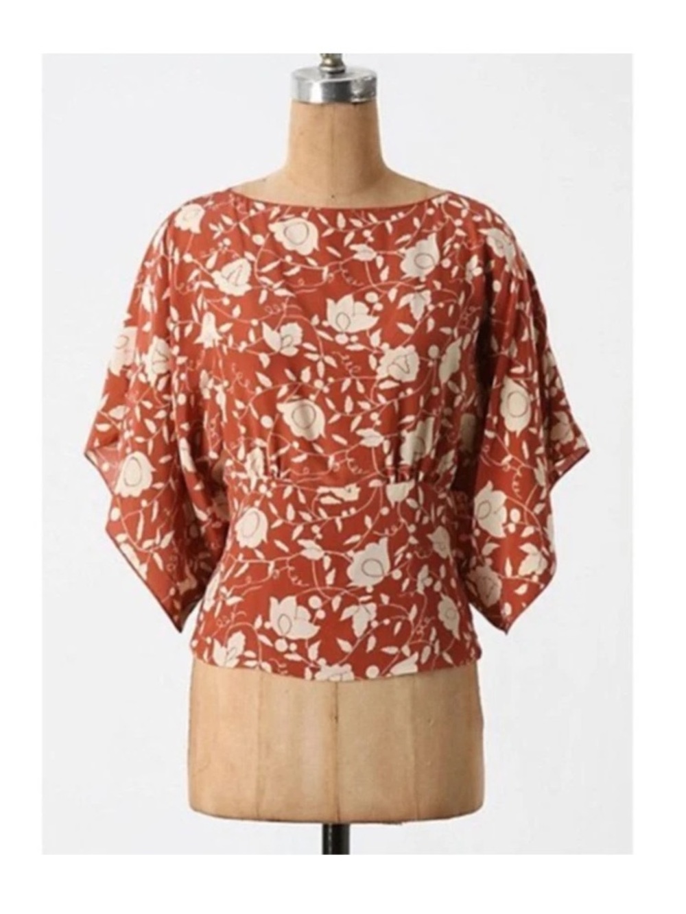 Anna Sui x Anthropologie 100% Silk Rust Floral Flutter/Kimono-Sleeve Women's Top